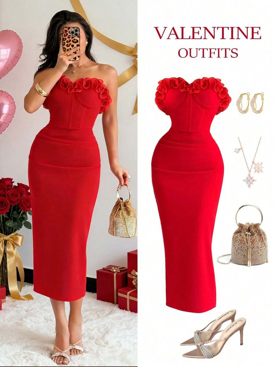 xheRafferiza Vestido ajustado con pliegues, cintura de corpiño y adorno floral de organza para mujerxhe - Rojo - Ver 1