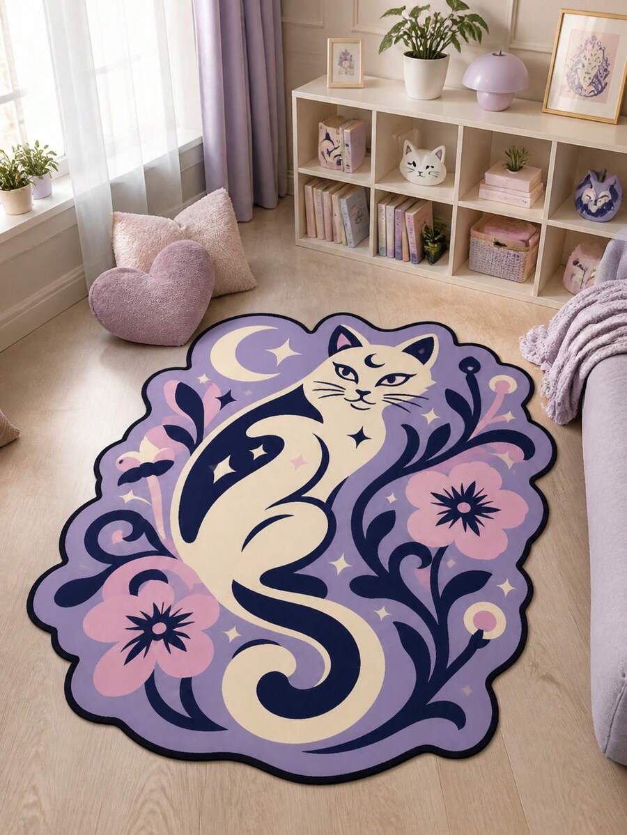 1 pieza Alfombra con diseño de gato morado, luna y flores, alfombra de piso suave y esponjosa para decoración de dormitorio y sala de estar, alfombra gruesa para otoño e invierno, alfombra pequeña, decoración del hogar, alfombra de dormitorio, alfombra de sala de estar, alfombra lavable, alfombra de área pequeña, decoración de habitación - Multicolor - Ver 1