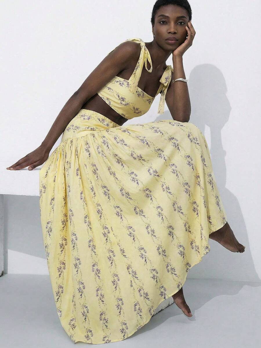 Aveloria Frievida Nuevo conjunto de 2 piezas de moda para vacaciones con vibra de playa, top tubo clásico sexy con bloque de color y rayas, con tirantes de moño, y falda de talle alto y bajo - Multicolor 5 - Ver 1