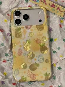Girly Pink Polka Dot Gold Foil Strawberry Phone Case, Suitable For IPhone 17 Pro Max, 17 Pro New Model, 16 Pro, 15 Pro, 14 Pro Max, Niche Anti-Drop Protective Cover - Yellow - View 1