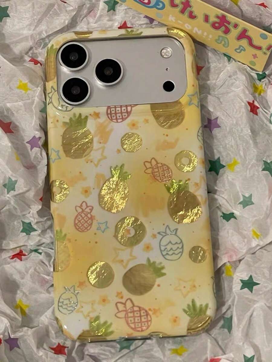 Girly Pink Polka Dot Gold Foil Strawberry Phone Case, Suitable For IPhone 17 Pro Max, 17 Pro New Model, 16 Pro, 15 Pro, 14 Pro Max, Niche Anti-Drop Protective Cover - Yellow - View 1