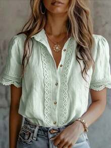 Elegant Women's Solid Color Embroidered Lace Patchwork Blouse, Versatile For Home, Daily Wear, All Seasons Summer - Light Green - View 8