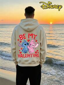 Couples Disney Lilo & Stitch "Be My Valentine" Print Hooded Sweatshirt, Casual Loose Streetwear Hoodie, Sold As Single Piece 1pcs - Quả mơ dành cho nam giới - Xem 2
