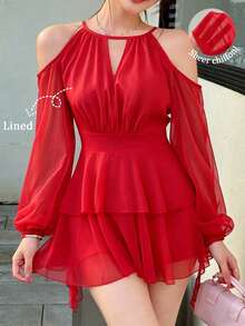 Vestido casual de mujer de unicolor elegante con mangas farol y hombros descubiertos - Rojo - Ver 1