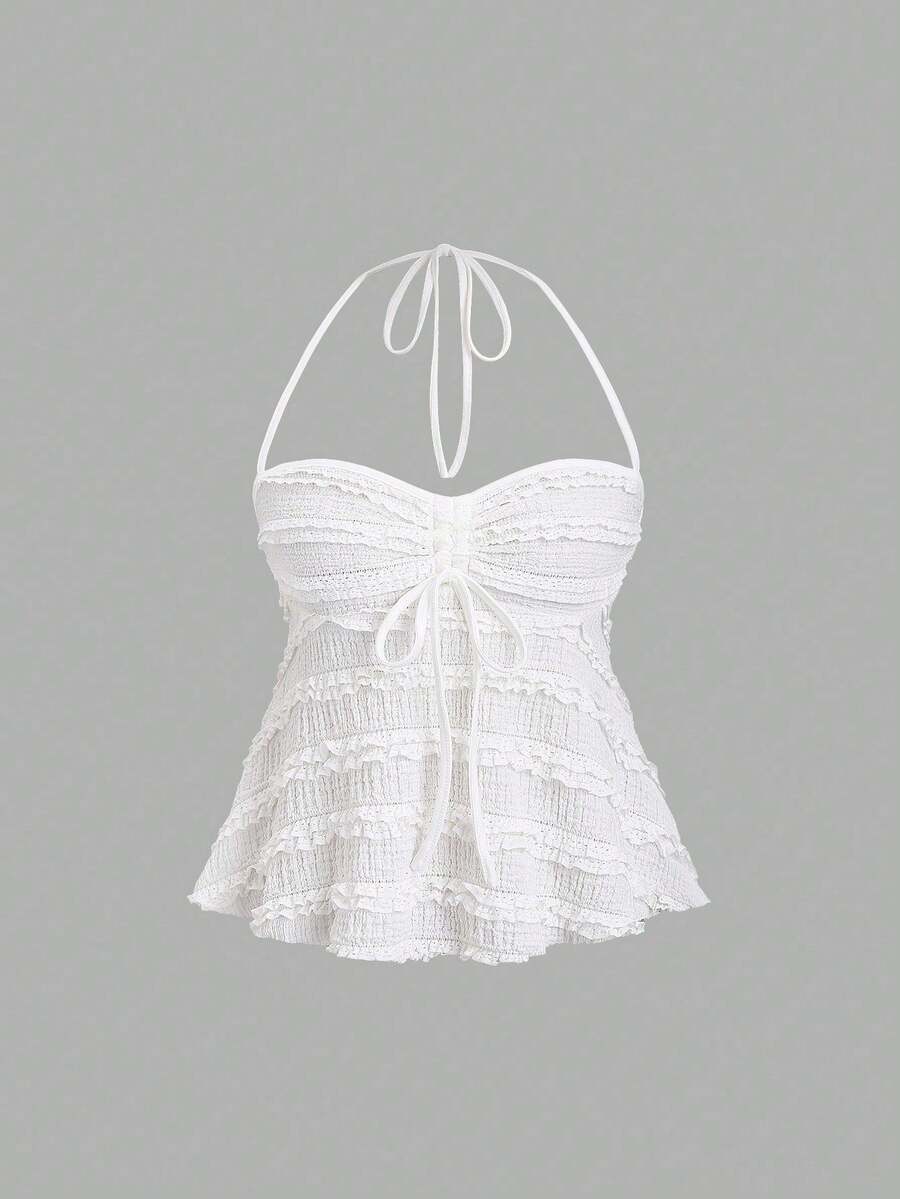 Casual Solid-Color Tank Top With Drawstring And Front Knot, Summer - White - View 1
