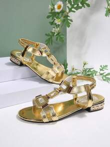 Hollow Strap Slip-On Slide Sandals, Plus Size Open Toe Slip-On Beach Sandals With Buckle - Gold - View 2