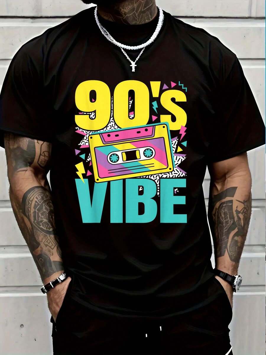 100% Cotton 90's Vibe Retro 1990s 90s Style Party Outfit Men Women T-Shirt Short Sleeve T-Shirt Women's Men's Causal Tops - 黑色12 - 查看 1