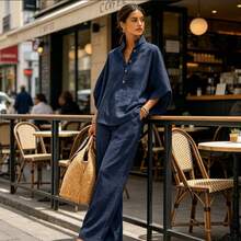 Women's Linen Blend 2-Piece Set, Casual Urban Outfit With Stand Collar Top And Wide Leg Pants - 深色水洗藍 - 查看 3
