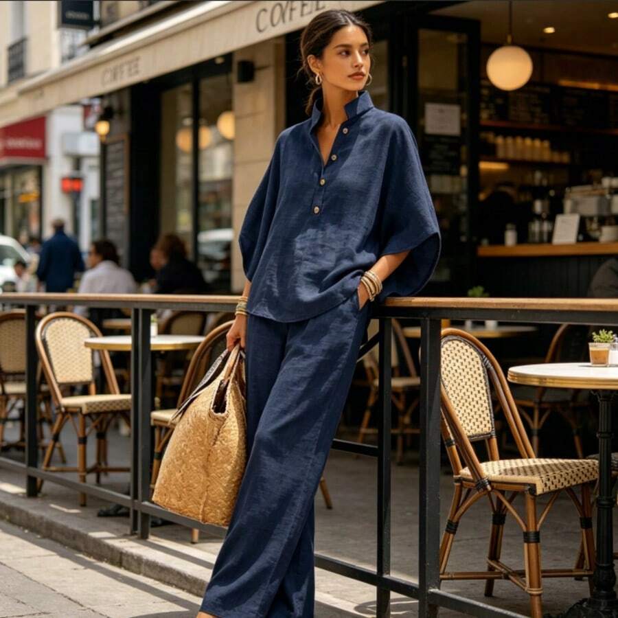 Women's Linen Blend 2-Piece Set, Casual Urban Outfit With Stand Collar Top And Wide Leg Pants - Dark Wash - View 1