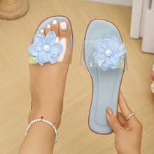 Women's Summer New Metal & Pearl Decor Versatile Flat Flower Beach Holiday Sandals - Blue - View 12