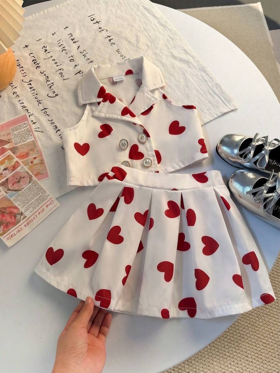 女婴夏季两件套套装 - 爱心领无袖上衣 + 百褶裙，甜美风格，百搭休闲装，适合外出、拍照、生日等场合 - 白色 - 查看 1