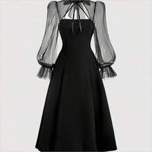 WNS  MOD Vestido de cuello alto negro con mangas acampanadas de malla de contraste y cuello de corbata - Azul - Ver 3