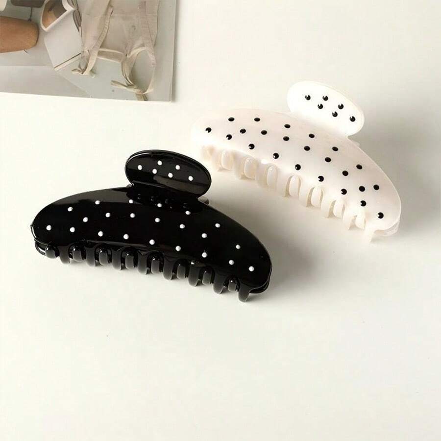 2pcs Black And White Polka Dot Plastic Hair Claw Clips, Size 3.62 Inches / 9.2 Cm; Versatile And Fashionable, Simple And Elegant, Solid Color Hair Clips. Summer Hair Accessories - Multicolor - View 1