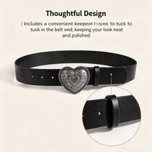 Women's Vintage Heart Buckle PU Leather Belt, Adjustable Western Waist Belt For Jeans & Dresses - Heart-shaped Belt - View 7