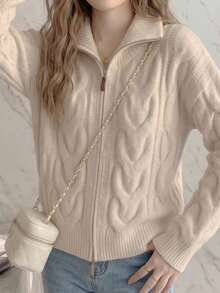 JIANHU Apricot Cable Knit Zip-Up Cardigan - Loose Fit Autumn/Winter Cardigan, Suitable For Christmas Market And Streetwear - Apricot - View 10