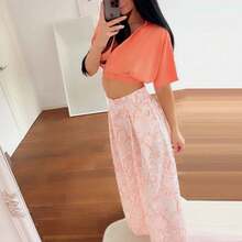Conjunto blusa y pantalón ancho primavera, cuello V con estampado - Naranja - Ver 2