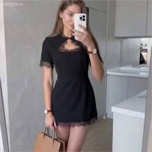 WNS Vestido corto elegante y casual de mujer con mangas cortas, encaje y calado, color negro, adecuado para fiestas, bodas, playa, vacaciones y uso diario en verano - Negro01 - Ver 1
