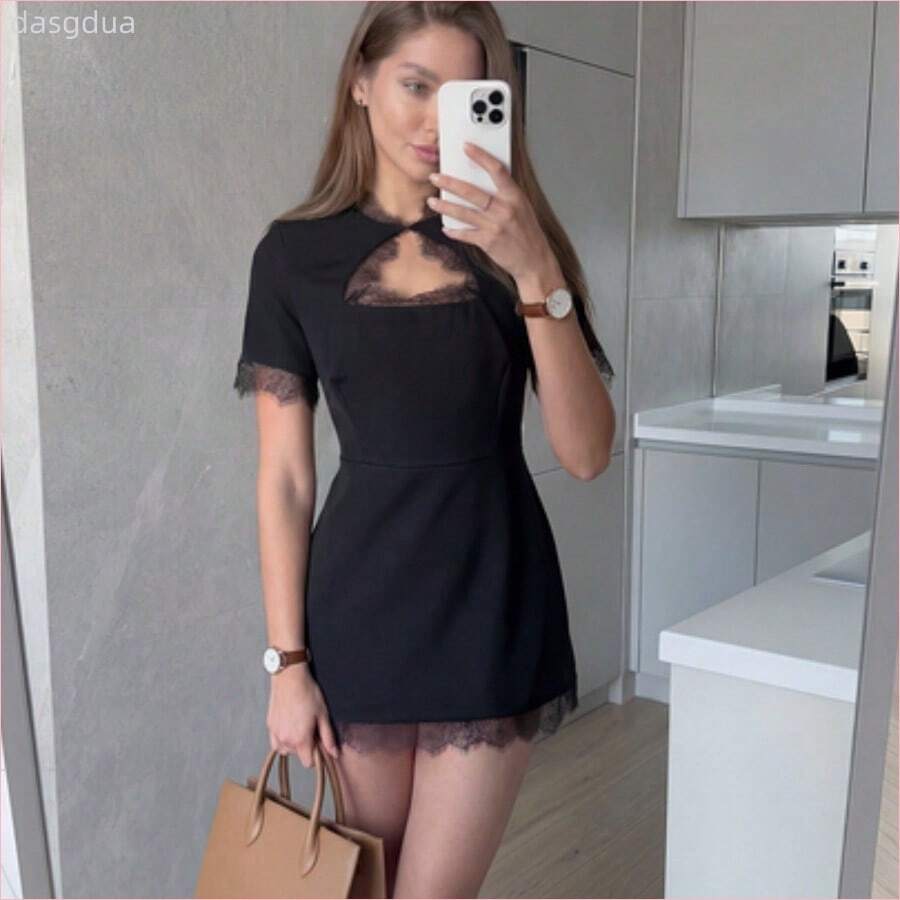WNS Vestido corto elegante y casual de mujer con mangas cortas, encaje y calado, color negro, adecuado para fiestas, bodas, playa, vacaciones y uso diario en verano - Negro01 - Ver 1