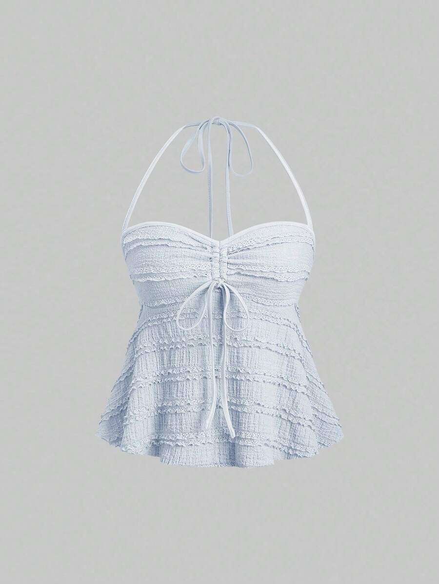 Casual Solid-Color Tank Top With Drawstring And Front Knot, Summer - Blue 2 - View 1