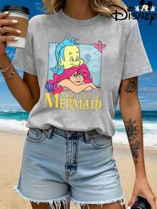 Breathable Cotton Disney Fan Tee | "Ariel With Flounder" Underwater Floral Graphic Print | Summer Casual Short-Sleeve Top - Xám - Xem 1