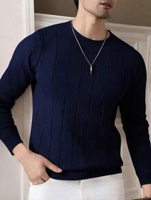 Men's Casual Sweater, Ribbed Knit, Crew Neck, Minimalist And Stylish For Everyday Wear - Navy Blue - View 2