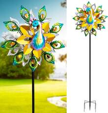 Outdoor Peacock Wind Spinners Featuring Glittering Gem Decor, 13.5" D X 65" H Double Layer Kinetic Wind Sculptures, 360 °   Rotatable Metal Yard & Garden Spinner, Ideal Outdoor Lawn Patio Decor Blue - C-blue Peacock - View 2