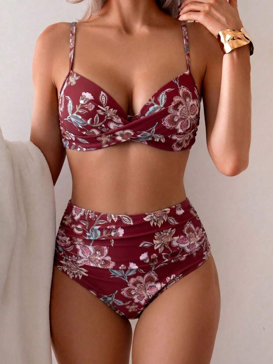 Bikini de estilo bohemio elegante y sexy de unicolor con tirantes finos, conjunto de dos piezas dulce para vacaciones en la playa - Multicolor 6 - Ver 1