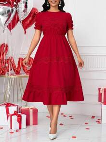 xheLunelith  Lunessa Vestido de mujer vintage elegante de alta gama con mangas cortas, escote calado, parches de encaje floral, mangas farol, cintura entallada y falda acampanadaxhe - Burdeos - Ver 1