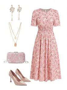 xheEllevyn Vestido de mujer romántico con estampado todo sobre, con lazo en la cintura, vestido midi para vacaciones, vestido floral rosa, vestido de primavera, vestido para té, vestido rosa para brunch, vestido floral midi de mujer para primavera/verano, vestido elegante con estampado floral rosa para vacaciones/oficina, vestido largo holgado de mujer con nudo de cable, vestido rosa para festival, vestidos florales para mujer, vestidos de verano, vestido de playa, atuendos de verano para vacaciones, atuendos de salida para mujeres, atuendos de verano para mujeres, vestido de verano para mujeres, atuendo de mujerxhe - Rosa 2 - Ver 1