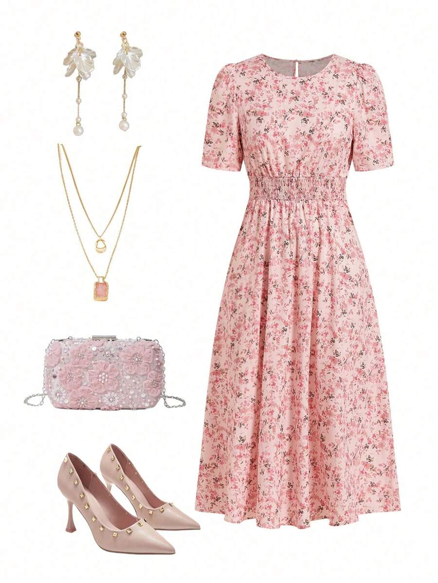 xheEllevyn Vestido de mujer romántico con estampado todo sobre, con lazo en la cintura, vestido midi para vacaciones, vestido floral rosa, vestido de primavera, vestido para té, vestido rosa para brunch, vestido floral midi de mujer para primavera/verano, vestido elegante con estampado floral rosa para vacaciones/oficina, vestido largo holgado de mujer con nudo de cable, vestido rosa para festival, vestidos florales para mujer, vestidos de verano, vestido de playa, atuendos de verano para vacaciones, atuendos de salida para mujeres, atuendos de verano para mujeres, vestido de verano para mujeres, atuendo de mujerxhe - Rosa 2 - Ver 1