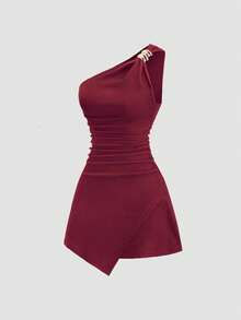 Vestido elegante y versátil de tela texturizada con hombro asimétrico, plisado y abotonado, apropiado para el uso diario - Burdeos - Ver 1