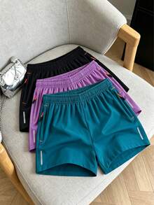 3件組女款夏季運動短褲，透氣輕量高腰膝長短褲，休閒戶外快乾短褲，附彈性腰帶、可調抽繩、側邊拉鍊口袋、隱形反光條裝飾、金屬拉鍊頭飾 - 彩色 - 查看 3