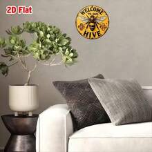 2D Flat, 1pc Vintage "Welcome To Our Hive" Metal Wall Decor - 7.8 Inch Round Sign With Bee And Honeycomb Design, Rustic Yellow Background, Durable Home Decor, Suitable For Home, Cafe, Garage - No Electricity Needed, Ideal Gift For Friends And Family, 2D Flat - A - View 6