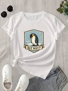Camiseta de manga corta y cuello redondo para mujer con estampado de pingüinos que dice "¿Por qué?". Apta para todas las estaciones. - Blanco - Ver 1