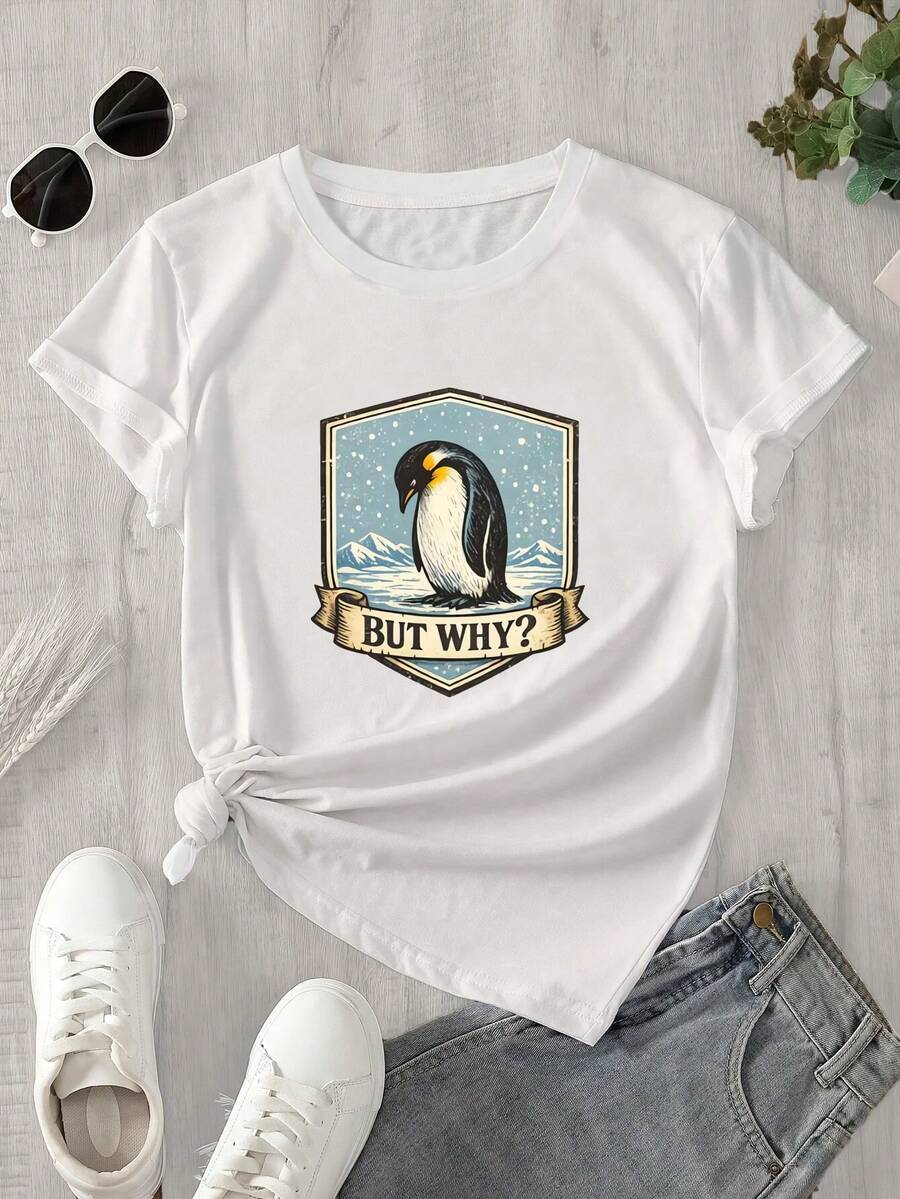 Camiseta de manga corta y cuello redondo para mujer con estampado de pingüinos que dice "¿Por qué?". Apta para todas las estaciones. - Blanco - Ver 1