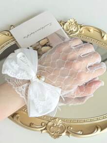 1 Pair Women's Lace Transparent Wedding Gloves With Bow & Pendant - White - View 2