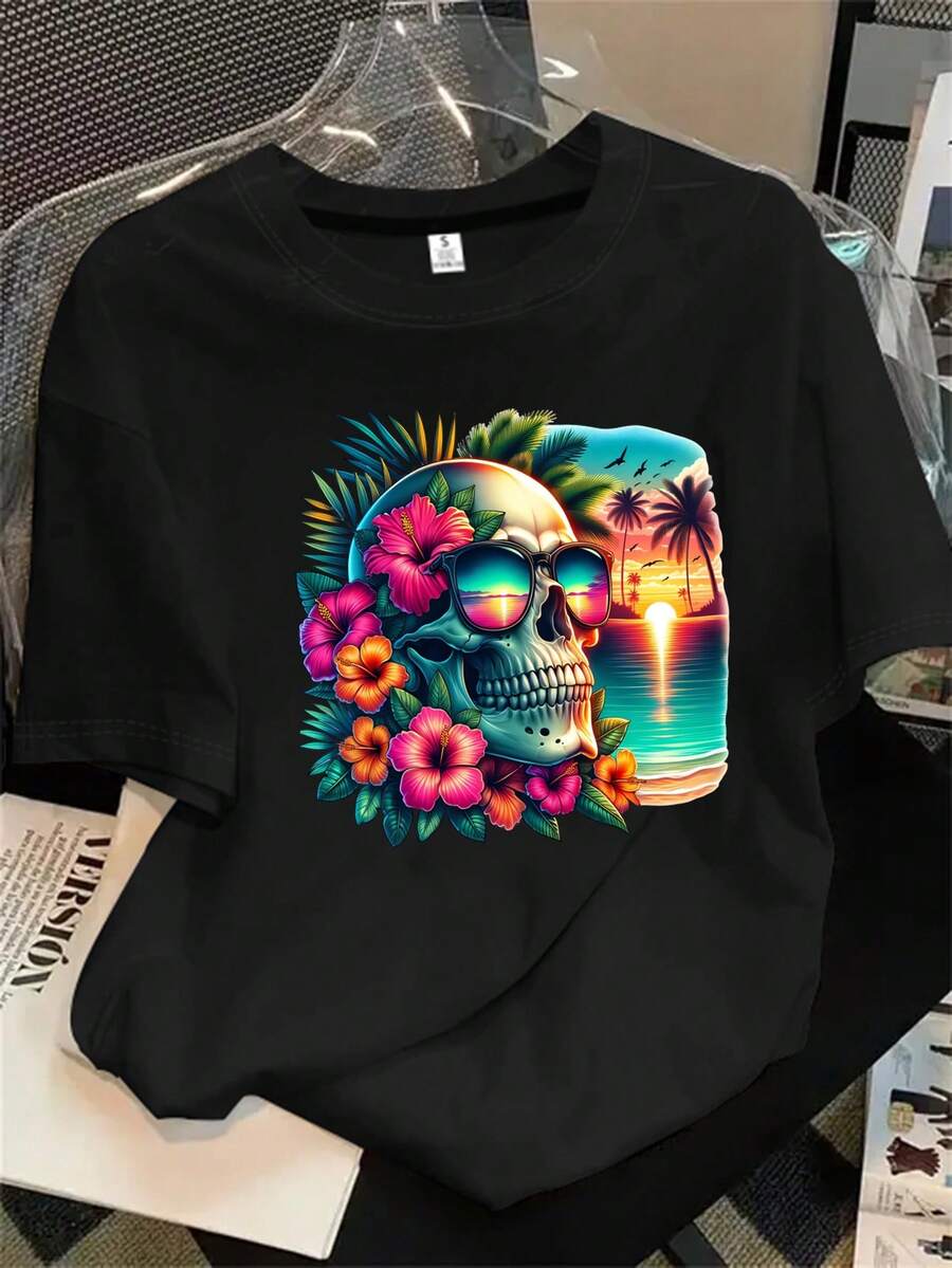Top de playa de manga corta y cuello redondo para mujer con estampado de gafas de sol y calaveras florales, apto para todas las estaciones. - Negro - Ver 1