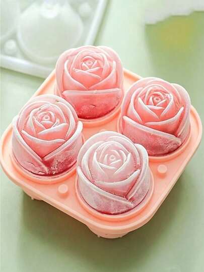 4-Chamber Rose Shaped Silicone Ice Tray With Lid, 3D Rose Ice Hockey Machine, Whiskey Ice Mold, Cocktail, Romantic Occasion, Home Decoration, Household Essentials, Gifts For Women, Gifts For Men, Gifts For Mothers, Gifts For Fathers, Gifts For Grandfathers, Gifts For Grandmothers