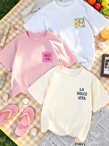 3pcs-Tween Girl Popular Vacation Style Graphic Print 3-Piece Set, Soft And Comfortable Fabric, Suitable For Girls' Outdoor Sports, Daily Wear, Street Style, Campus Wear, Fashion Girls' Spring/Summer Casual Versatile Tops - White - View 2
