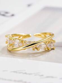 1pc Vintage Geometric Line Cross Ring With Rhinestone – Open Adjustable Retro Sparkling Zirconia Band, Statement Summer Holiday Jewellery For Women - Yellow Gold - View 4