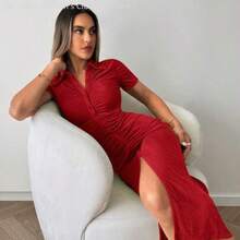 WNS   Vestido fruncido con botón - Rosa Roja - Ver 1