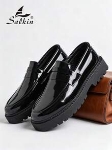 Salkin 新款時尚設計師男士一腳蹬樂福鞋，優雅紳士社交鞋，正版品牌平價奢華現代生活款，純色柔軟舒適漆皮鞋面男士皮鞋，休閒日常鞋，返校學生大學風，厚底增高商務通勤正裝鞋，辦公室派對百搭婚禮新郎鞋，節日禮物，春夏秋季男鞋 - 黑色 - 查看 10