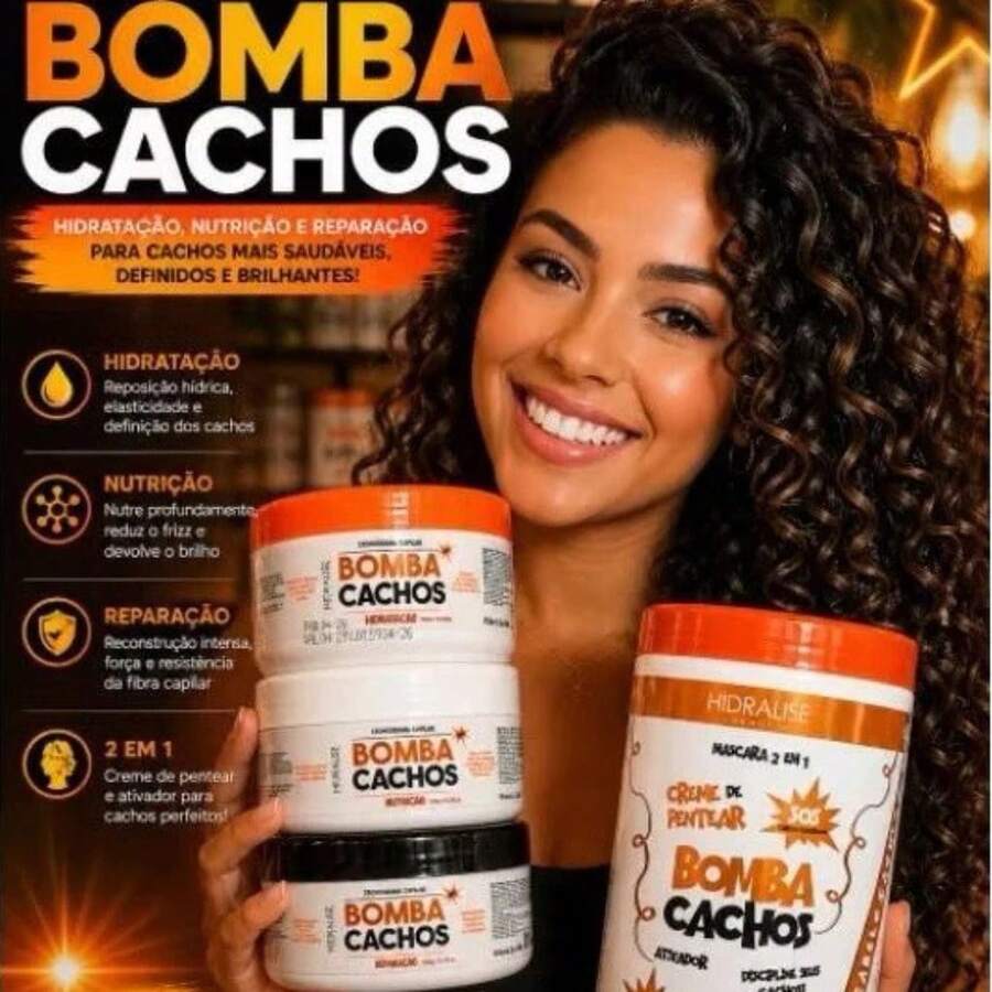 Super Kit Cronograma Capilar Bomba Cachos Completo + Creme de Pentear Ativador 4 itens Hidralize - nutritivo - Visão 1