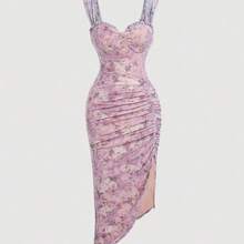 WNS  MOD Vestido con estampado floral, plisado y dobladillo asimétrico con abertura, vestidos en tonos pastel para mujer - Azul - Ver 2