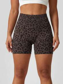 NcmRyu 1pc Women Leopard Print High Waist Tummy Control Stretchy Soft Comfy Workout Shorts Sports, Athleisure - Brown - View 5