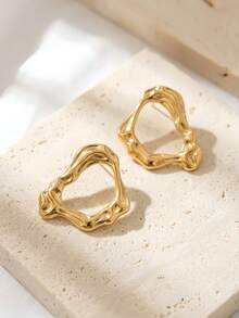 1 Pair Vintage Elegant Asymmetrical Geometric Earrings, Hollow Crinkle Design Unique Earrings For Women - Gold - View 4