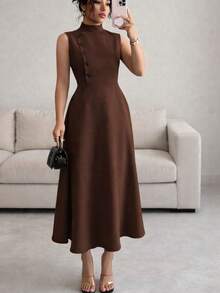 Elegant Women's Midi Dress, Sleeveless, High Neck With Side Buttons, Chic Tailored, Casual And Party Wedding Dress - 鏽棕色 - 查看 3