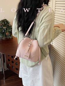 low tea 1 buah Tas Selempang Modis Bahan PU Warna Polos dengan Penutup Tali Serut, Motif Polkadot, Cocok untuk Penggunaan Sehari-hari Wanita - Baby Pink - View 6