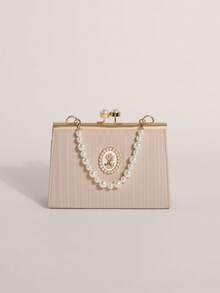 1 pieza Bolso con cierre de beso de PU a rayas caqui, decoración con hebilla de perla, insignia con retrato de la reina al estilo del palacio francés, bolso de mano con asa de perla, bolso de vestido de noche, embrague de fiesta de alta gama - Caqui - Ver 5