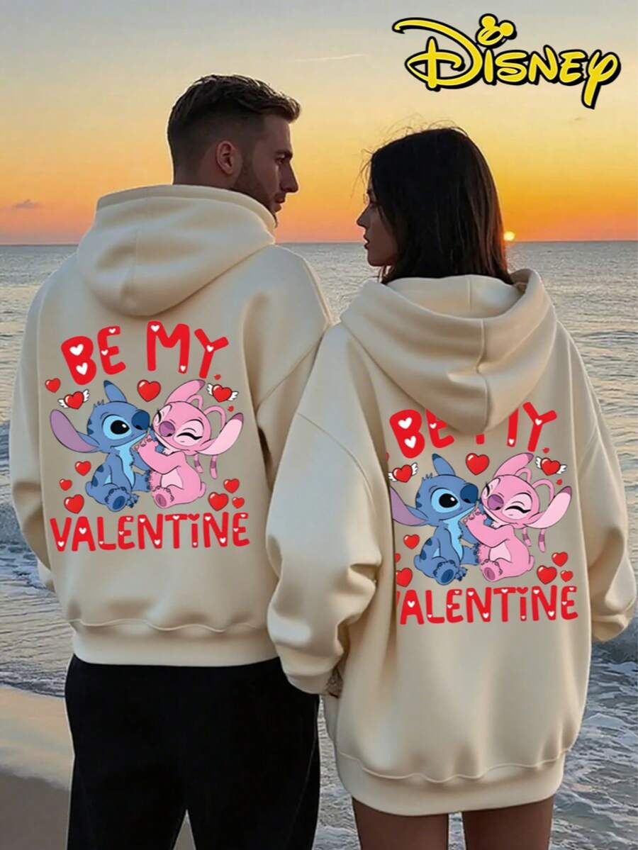 Couples Disney Lilo & Stitch "Be My Valentine" Print Hooded Sweatshirt, Casual Loose Streetwear Hoodie, Sold As Single Piece 1pcs - Quả mơ dành cho nữ - Xem 1